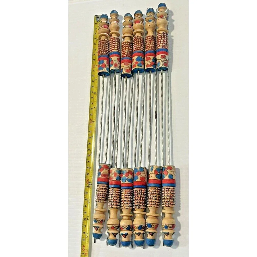 French Metal Wood Skewers Meat BBQ Sweet Stick Candy Kabab Grill Tool Vintage
